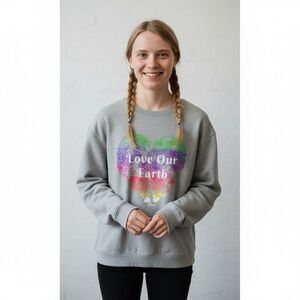 ECOTHREADS LOVE OUR EARTH sweatshirt Hearts Womens Sz XL Gray 95% Cotton